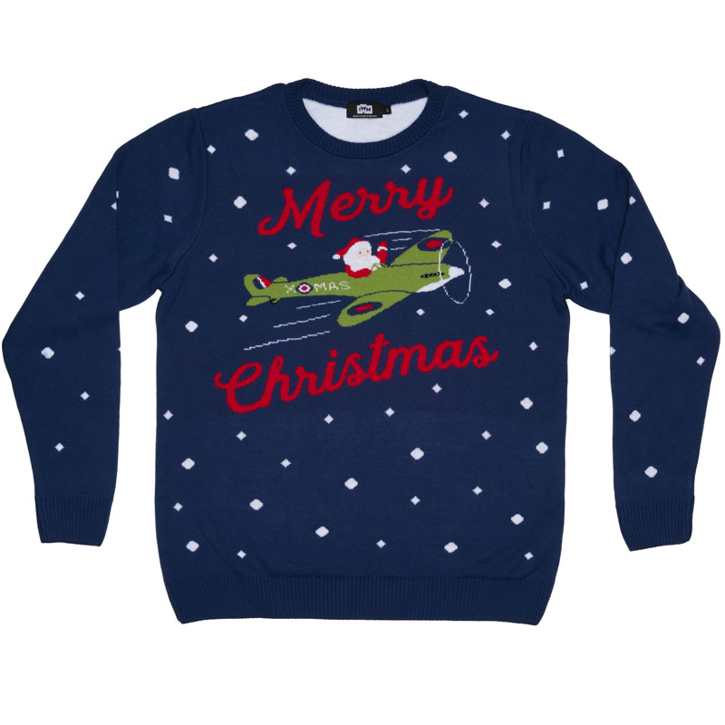 santa in a spitfire 2021 christmas jumper knit sweatshirt front design